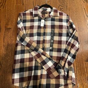 Banana Republic Men's Plaid Shirt - Burgundy, Tan, and Black